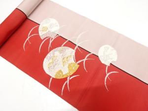 アンティーク　芝草に菊・青海波模様織り出し　八寸帯地反物